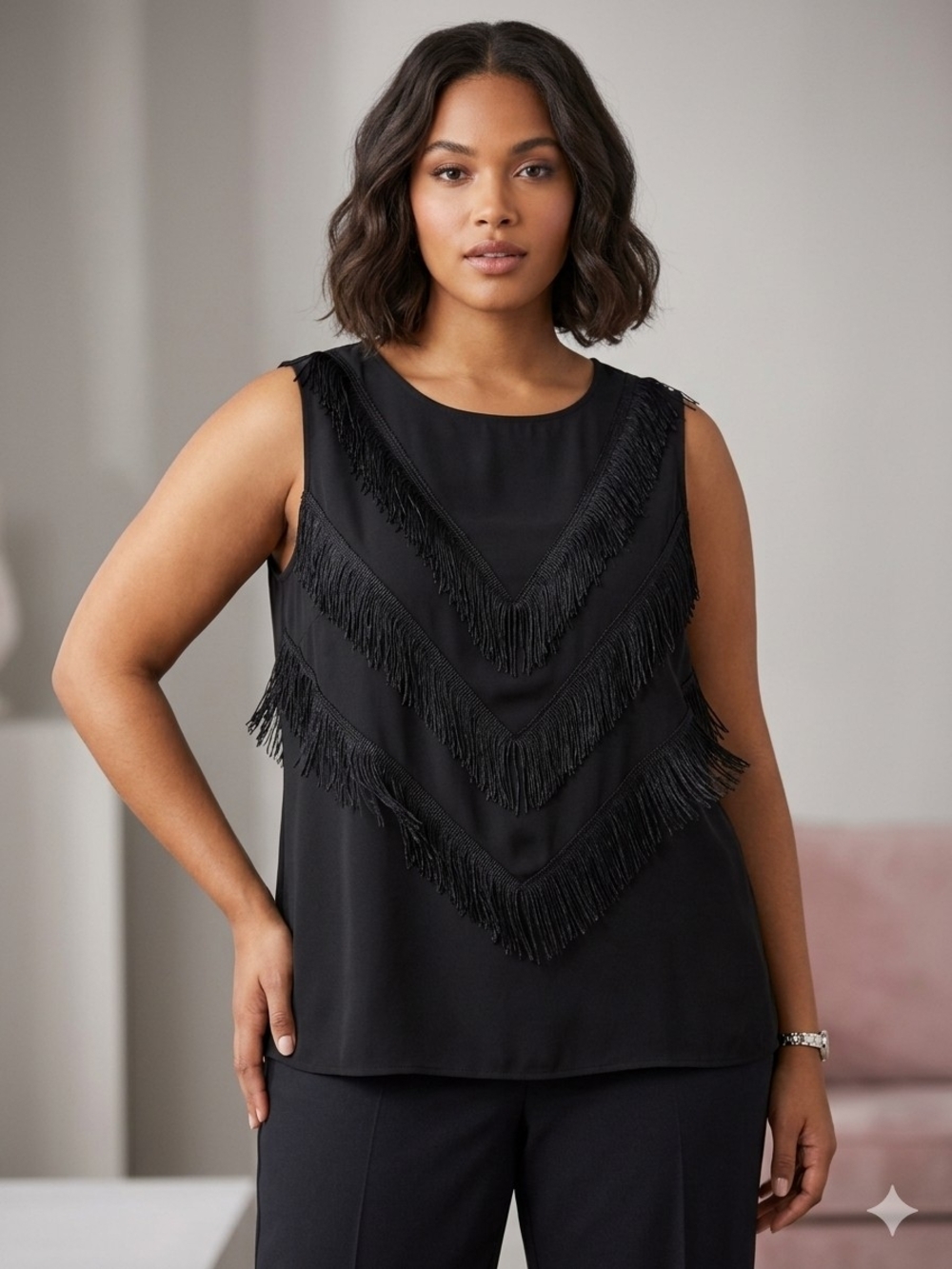 Black Fringe Chevron Sleeveless Tank Top